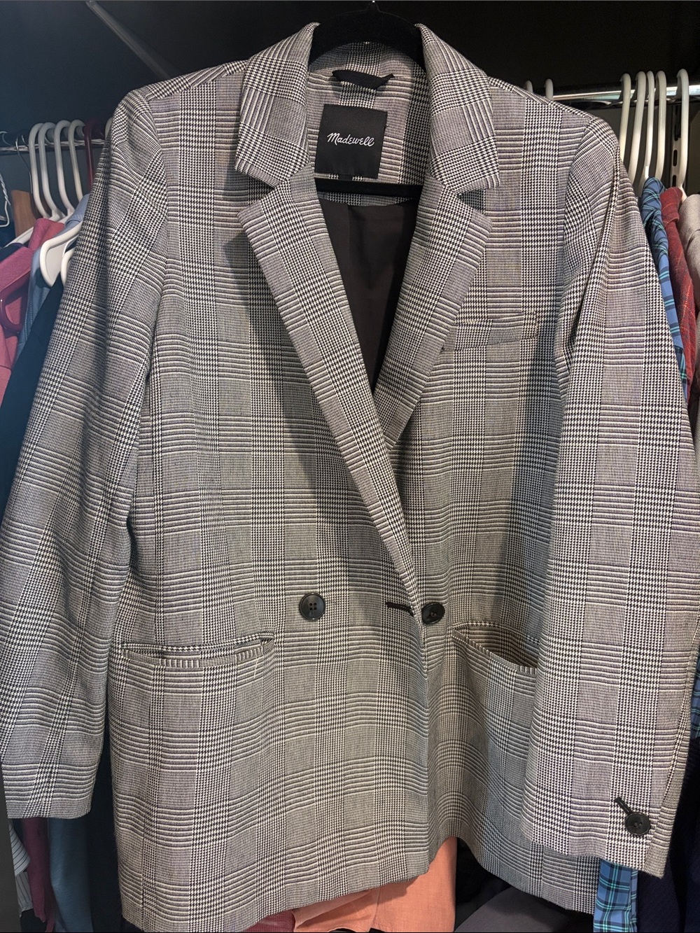Madewell Glen Plaid Double-Breasted Blazer - Black and Gray